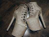 Buty, botki, szklanki do exotic, pole dance, złote, brokatowe.