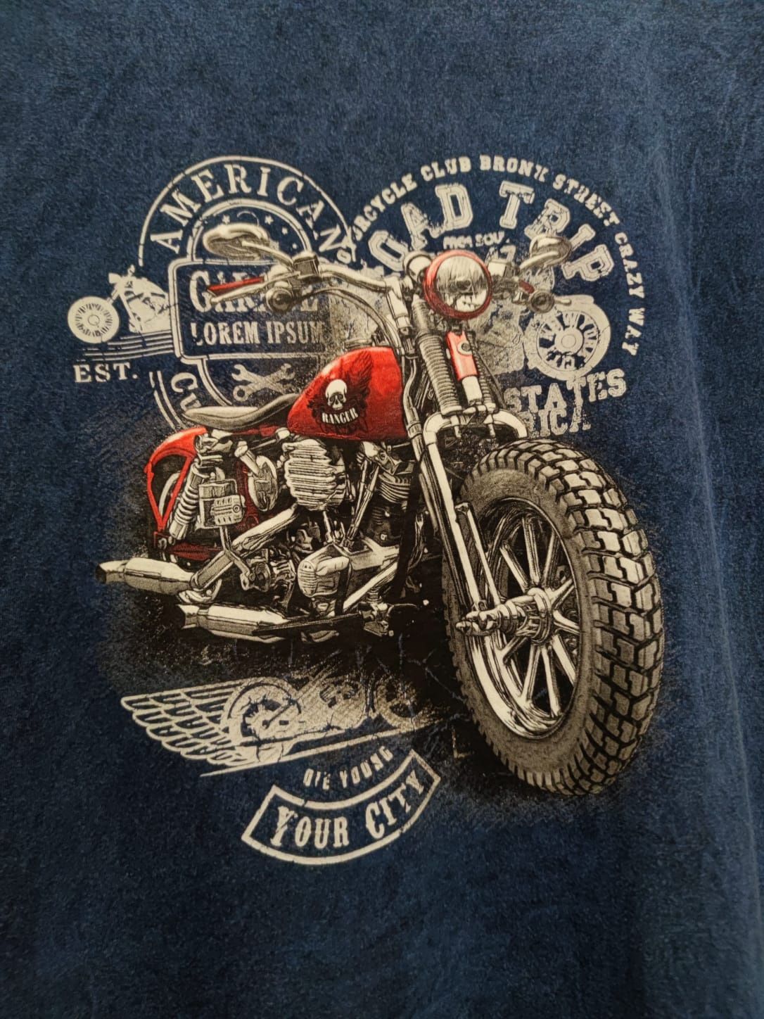 bluzka koszulka L Harley Moto z nadrukiem motora rock faith niebieska