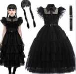 HALLOWEEN STRÓJ WEDNESDAY addams sukienka peruka 110-146 cm