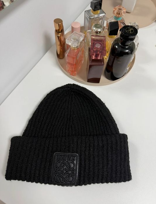 Czapka zimowa Loewe kaszmir wełna logo skórzane