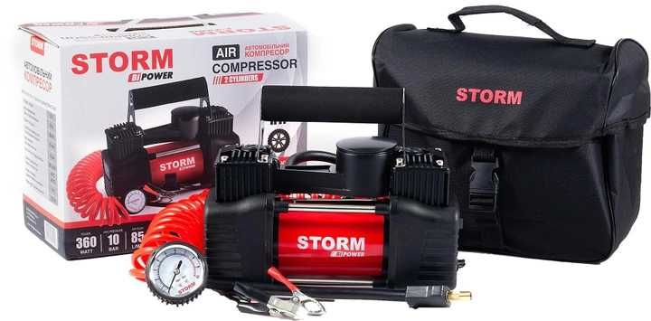 Автокомпресор Storm Bi-Power 2-циліндровий із затискачами АКБ 10 Атм