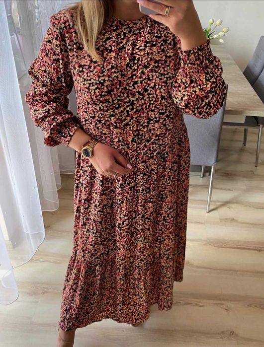H&M długa maxi MIDI oversize sukienka z wiskozy z kwiaty M/L