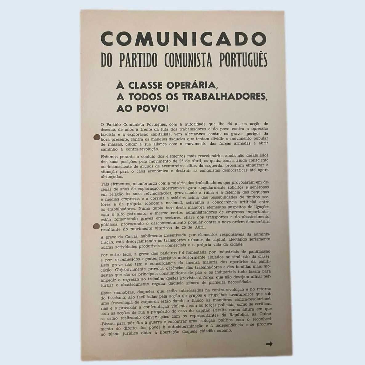 Comunicado PCP à Classe Operária, a Todos os Trabalhadores, ao Povo