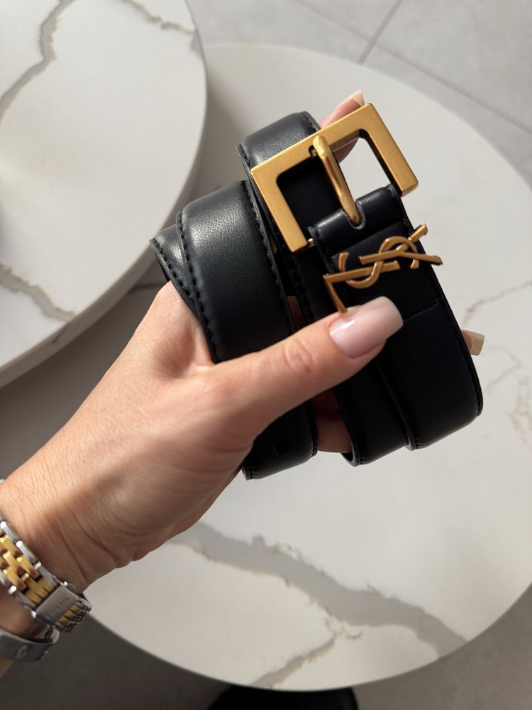 Czarny skórzany pasek YSL nowy 80/100 S