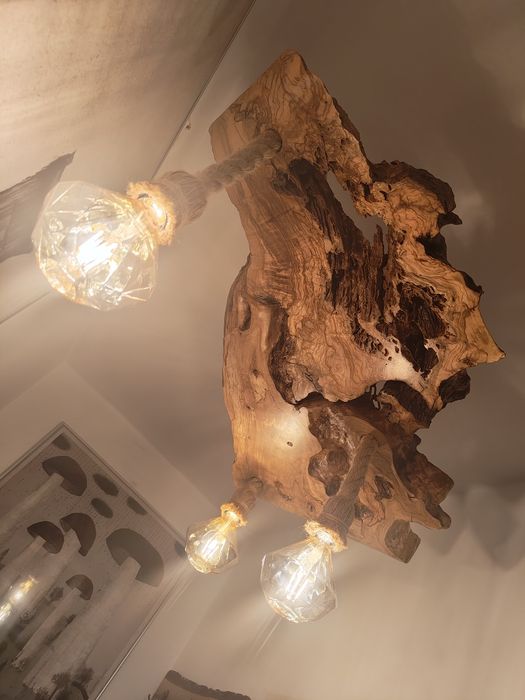 Lampa wisząca z korzenia drzewa oliwnego sznur jutowy Unikat Handmade
