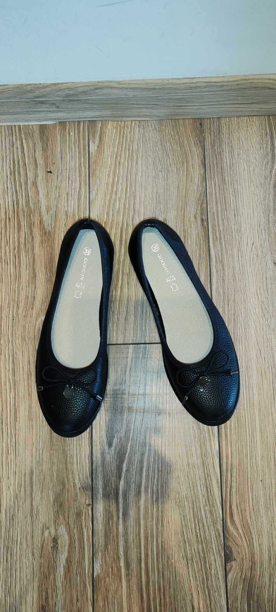 Czarne Baleriny ze Skórzaną Wkładką r.39 (wew. 26cm)