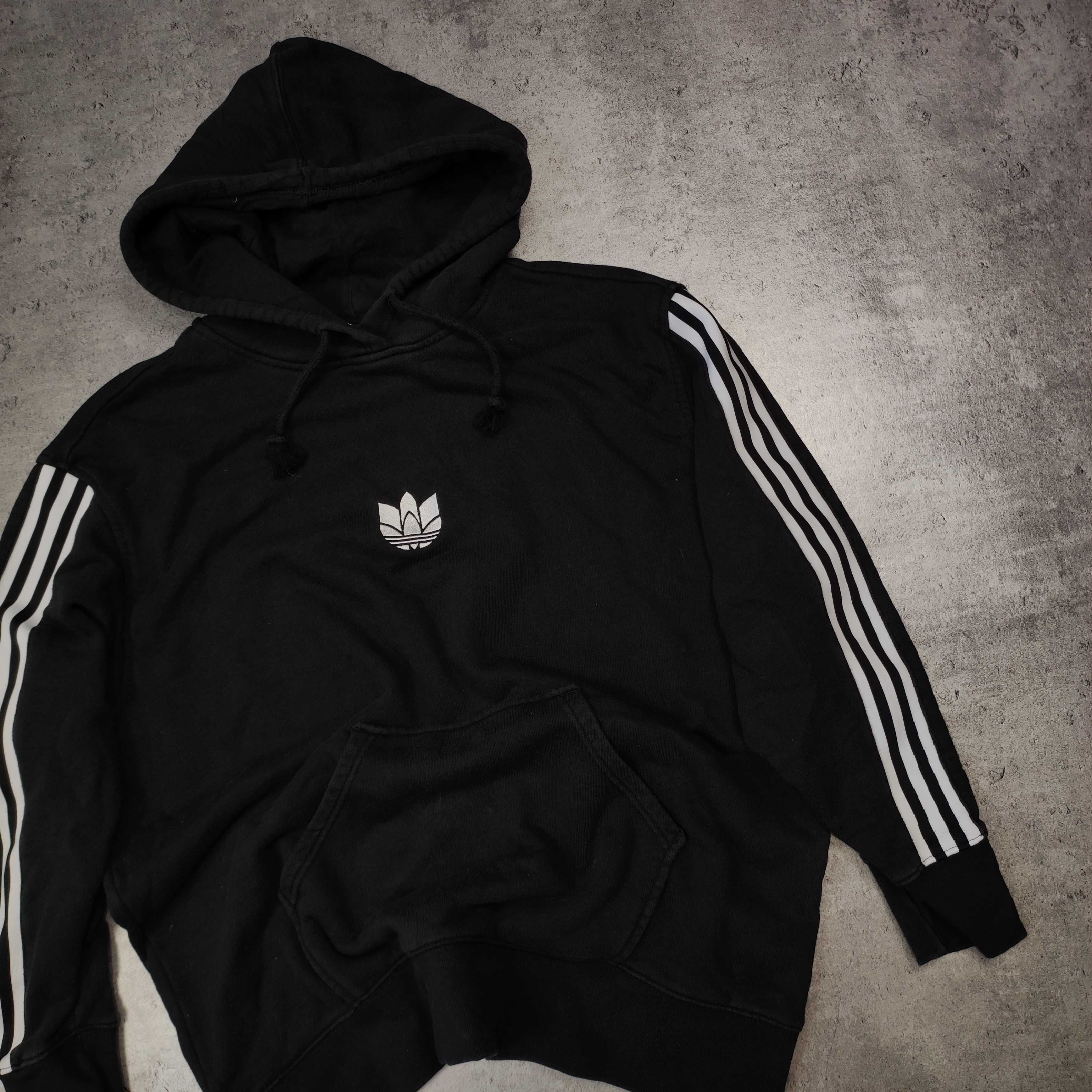 MĘSKA Bluza Czarna Bawełna 3 Paski Adidas Haftowane Logo Hoodie Kaptur