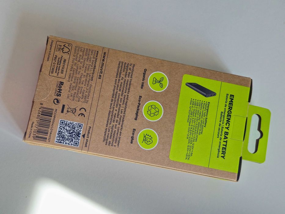 Powerbank / Bateria e emergência MUVIT, 10000 mAh - NOVO C/ GARANTIA!