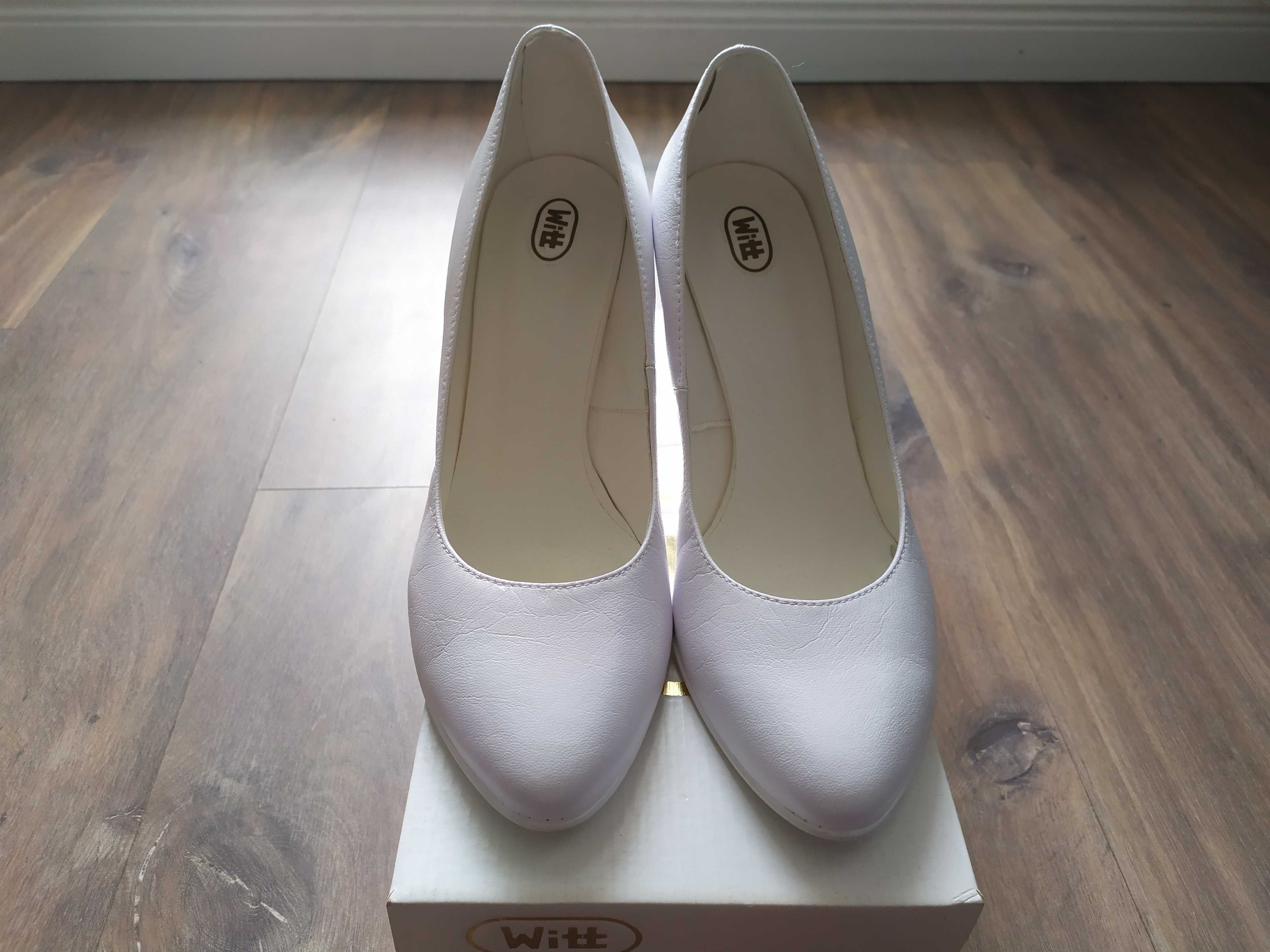 białe buty ślubne WITT nieuzywane rozm 41 model 107 obcas 8cm