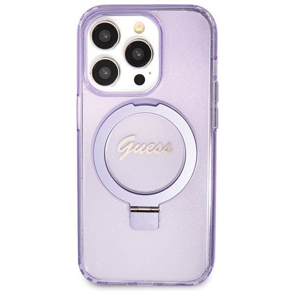 Guess Etui iPhone 14 Pro 6.1" Fioletowy z Pierścieniem i Logo Guess