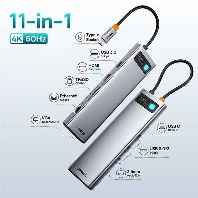 Новий Type-C Хаб Baseus Metal Gleam 11 в 1 USB-C 4K-60Hz/RJ45/PD/USB3