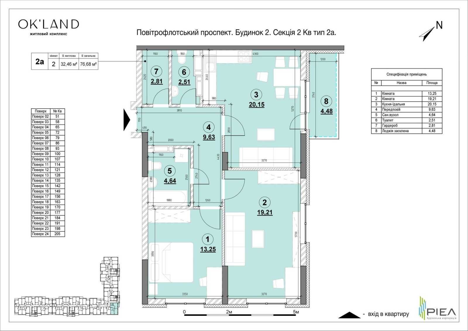 2 комн. квартира 77м² ЖК Ok'Land Пр. Воздухофлотский 56 Этаж 3, Без %