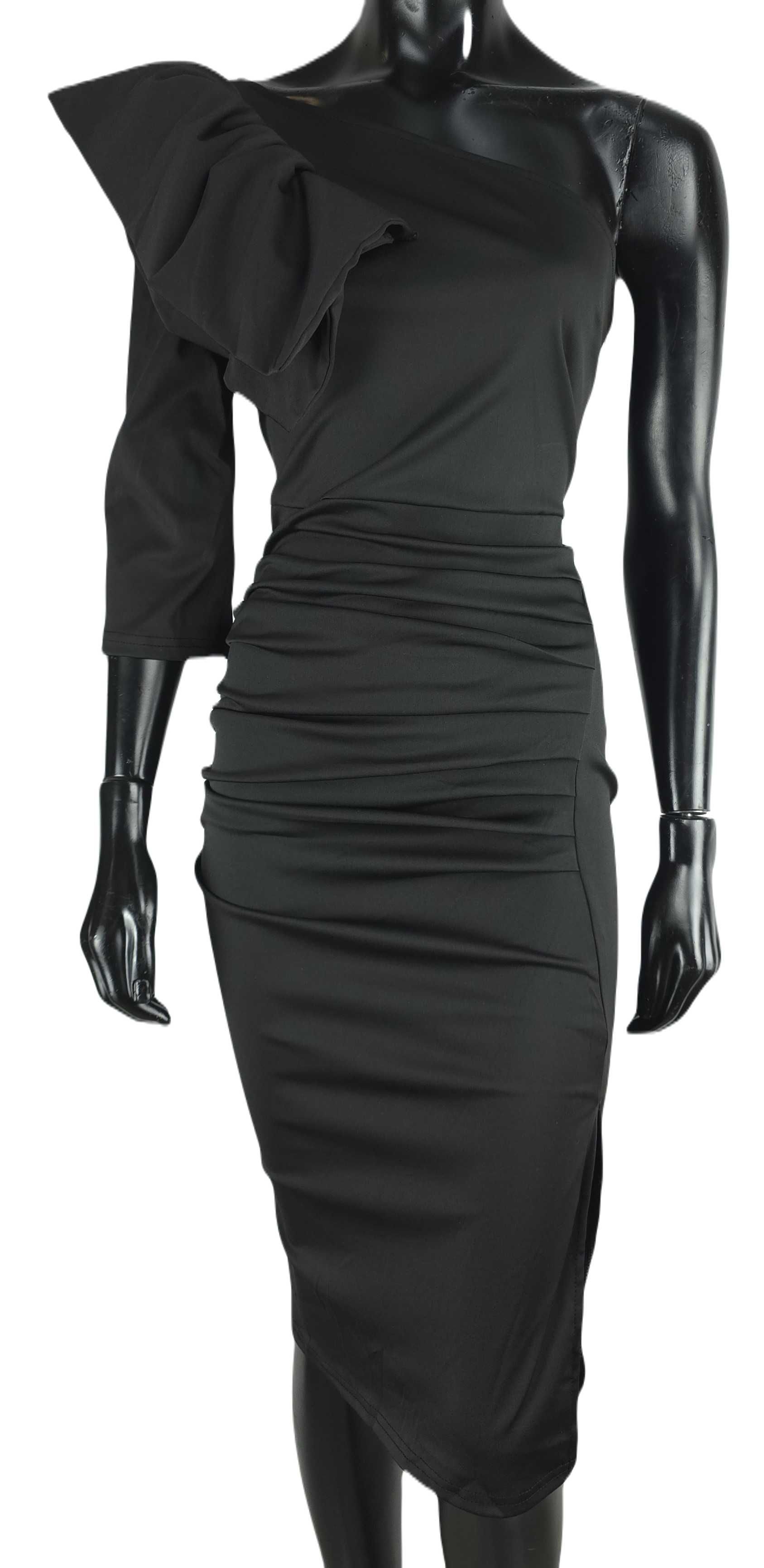 Czarna sukienka na jedno ramię elegancka falbana marszczenia M 38
