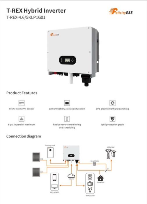Гібридний сонячний інвертор Felicity T-REX-5KLP1G01 5квт (5000w/48v)