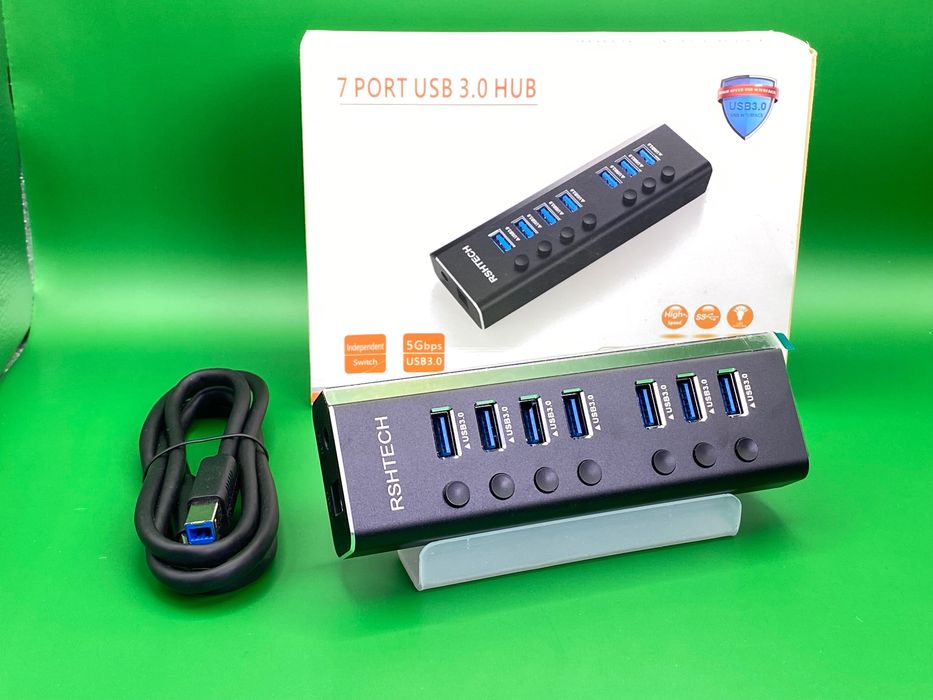 Aluminiowy hub USB 3 z zasilaczem 24W, 7 portów. Nowy