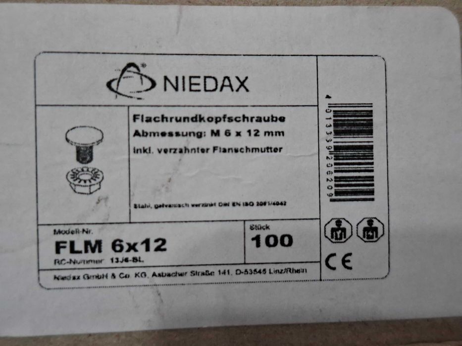 Śruba z łbem grzybowym FLM 6X12 M6 100 sztuk Niedax