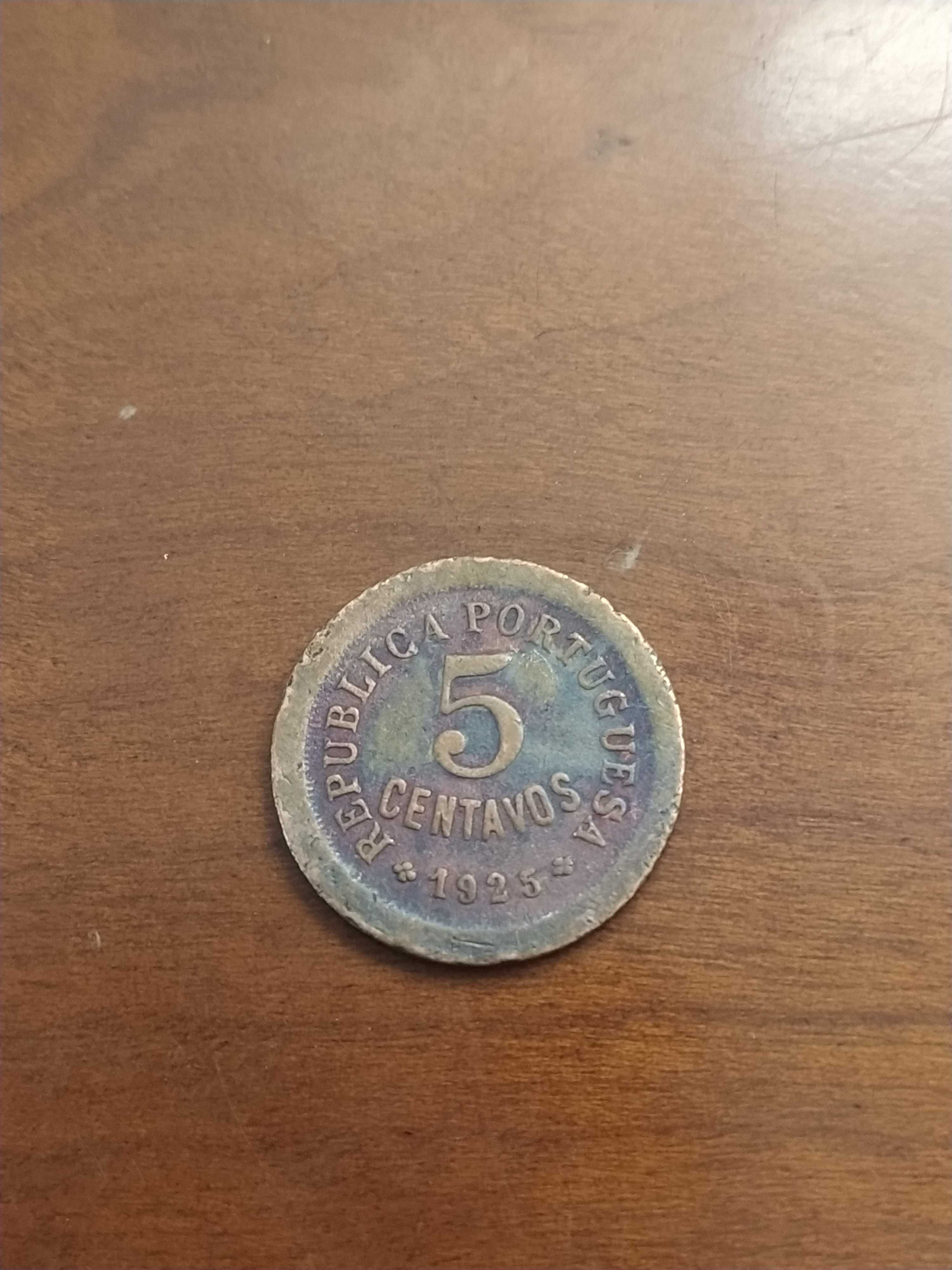 Moeda de 5 centavos de 1925 de bronze da república portuguesa