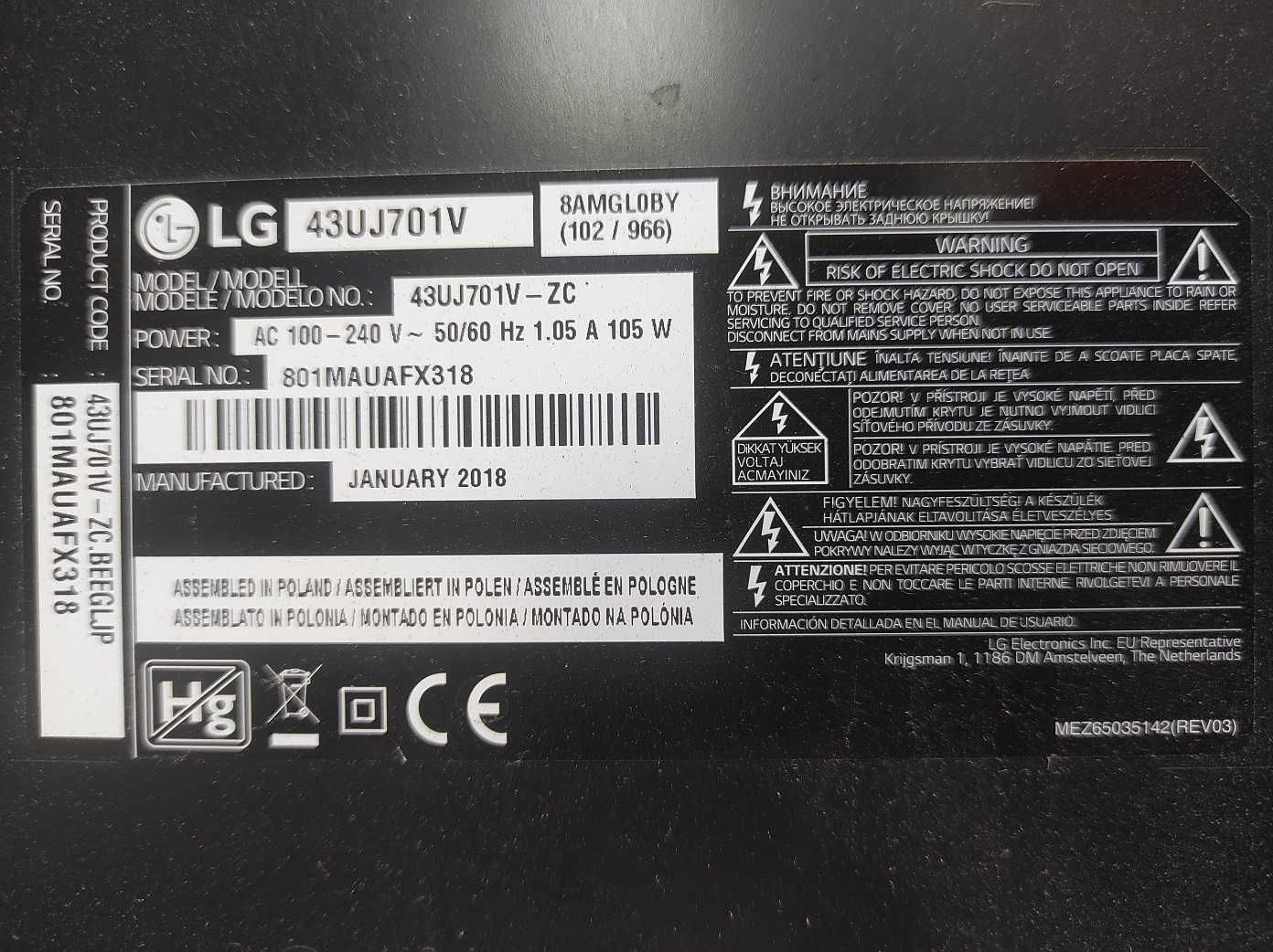 Telewizor LG 43UJ701V, płyta główna, zasilacz, logika, wi-fi, części.