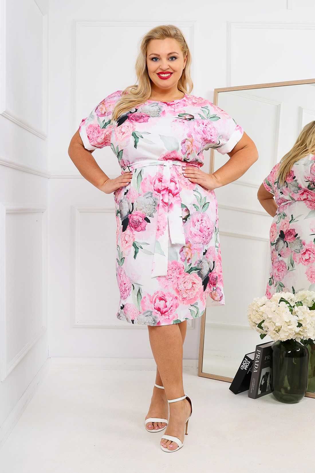 Sukienka w kwiaty PLUS SIZE 44 46 48 biała lub granatowa