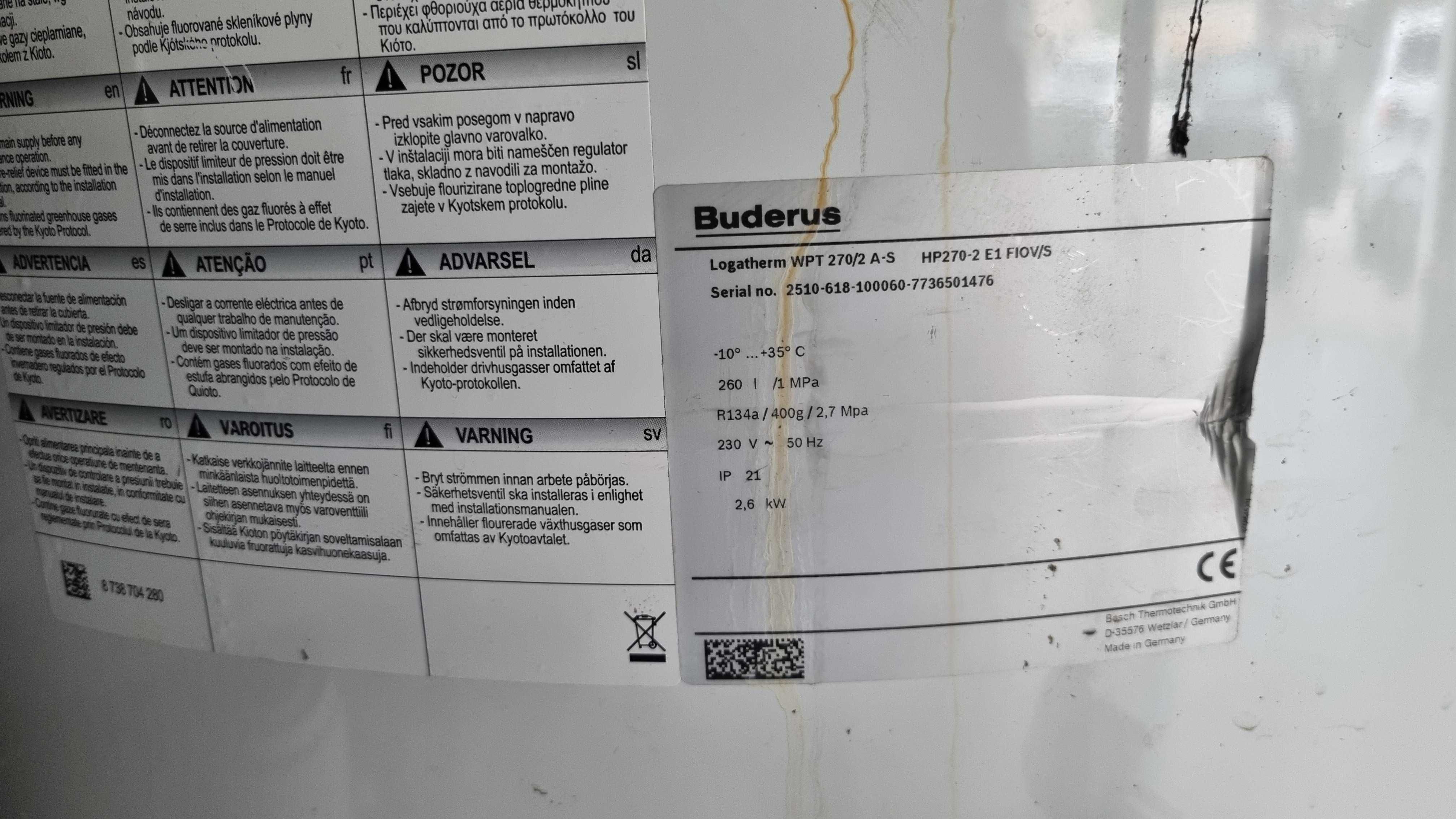 Sprzedam Pompę ciepła do CWU firmy Buderus Logatherm 270l.
