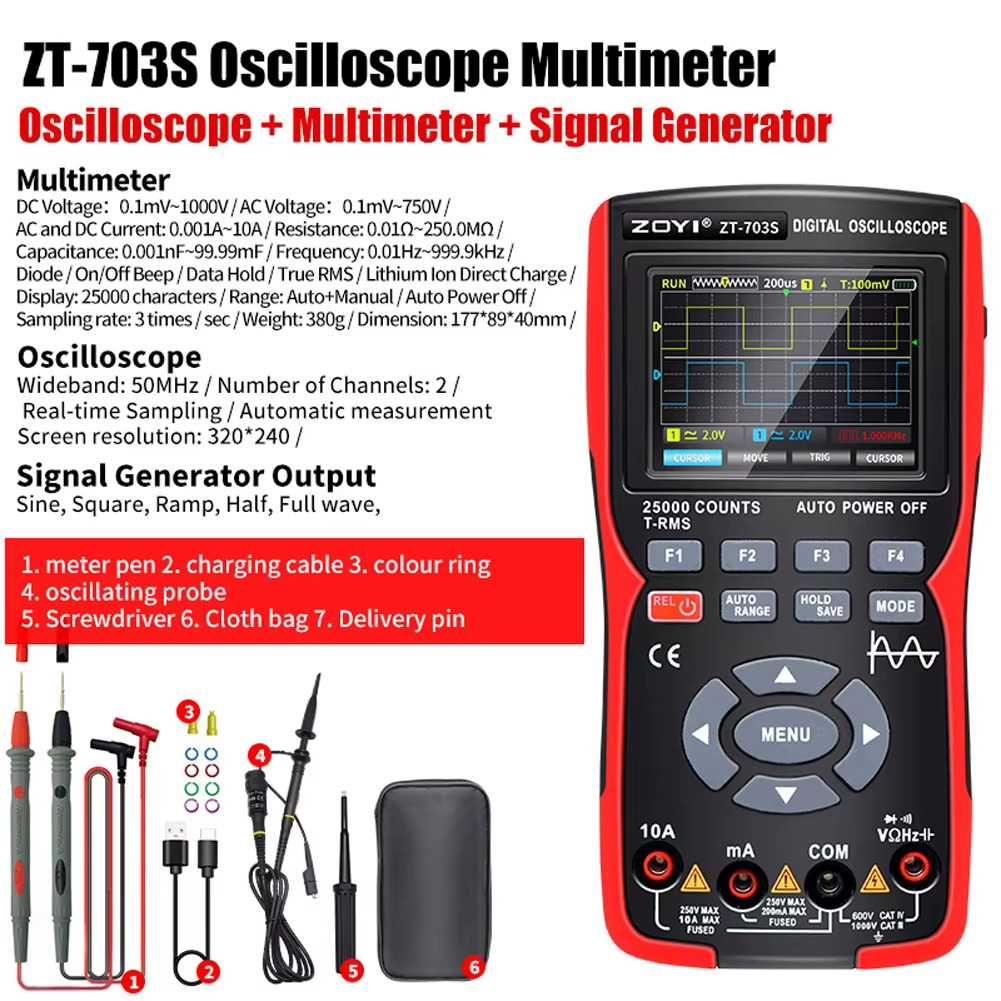 Oscyloskop 2 x 50 MHz + Multimetr + Generator, ZOYI ZT-703S + GRATIS