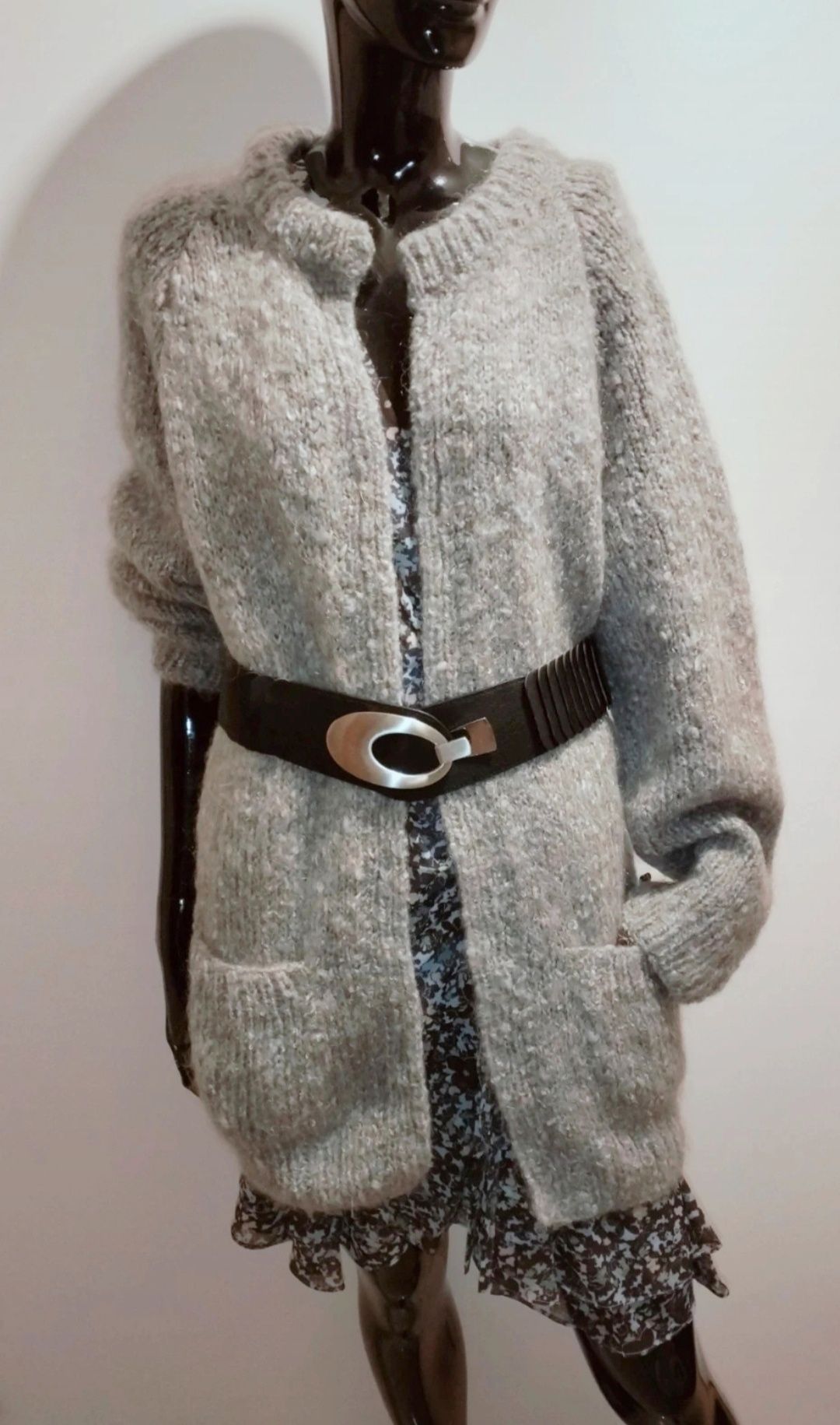 Długi gruby sweter, kardigan z kieszeniami handmade 42/ 44