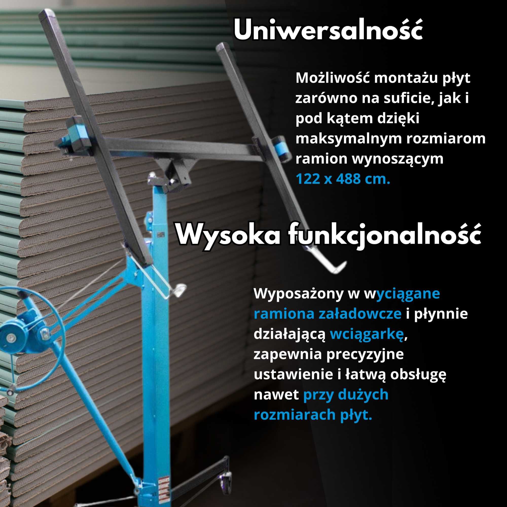 podnośnik do płyt gk osb 330cm Płyty do 68kg Regulowany Mobilny