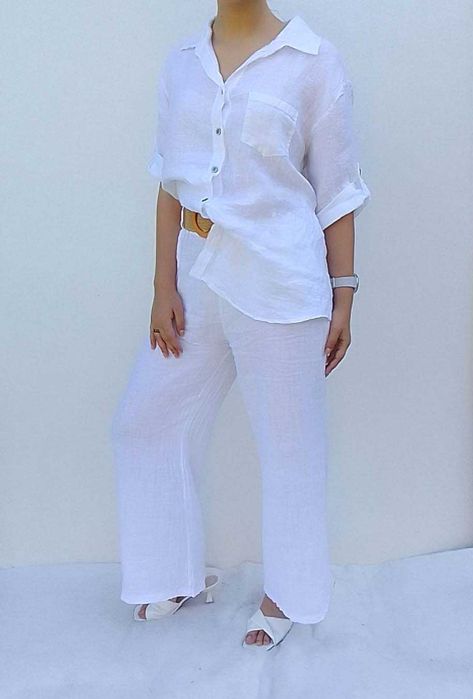 Nowy Lniany komplet szerokie spodnie koszula 100% len puro S M L uni