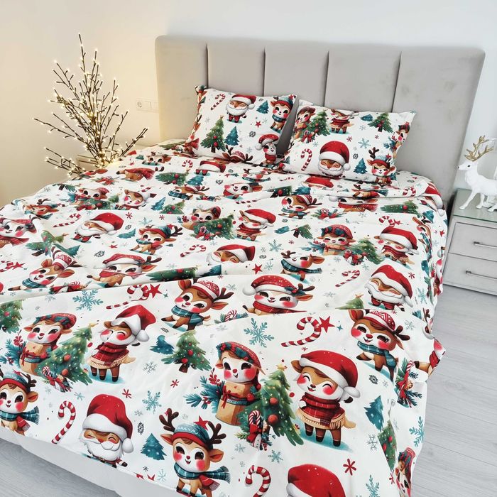 Тепла Новорічна постільна білизна з фланелі. Санта, оленята