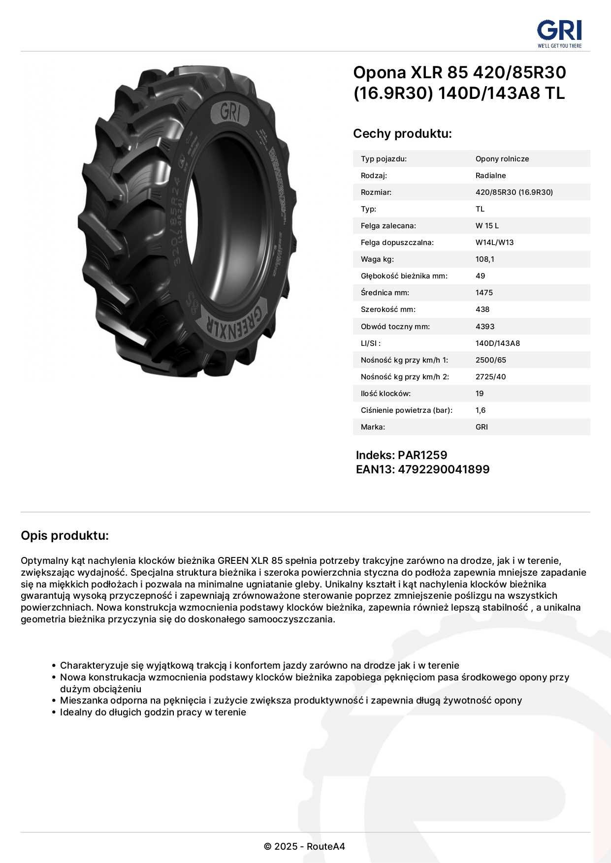 NOWE Opony 420/85R30 XLR85 GRI Naturalny KAUCZUK - cena BRUTTO