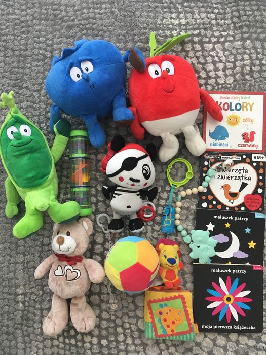 Zestaw zabawek niemowlęcych książeczki kontrastowe gryzaki maskotki