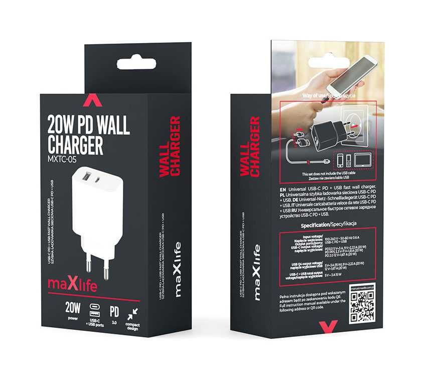 Ładowarka Sieciowa USB Maxlife 20W 1x USB 1x USB-C kolor: biały
