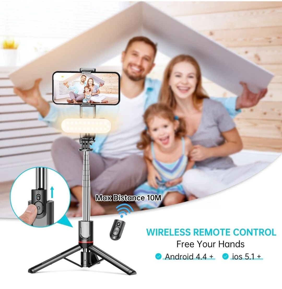 Stabilny statyw Selfie Stick ze zdejmowanym światłem wypełniającym