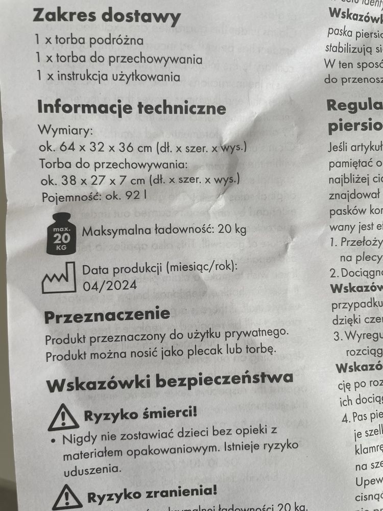 Torba podróżna Duffle-Bag, z identyfikatorem Crivit - NOWA