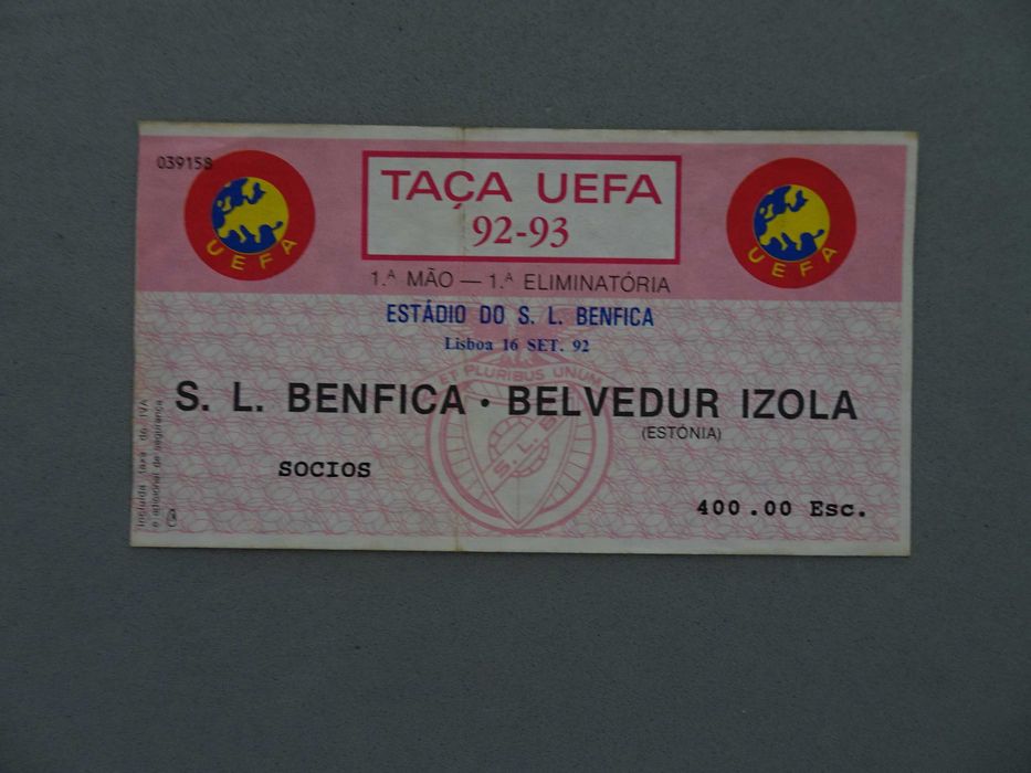 Bilhete futebol Benfica Belvedur Izola Taça UEFA 92/93