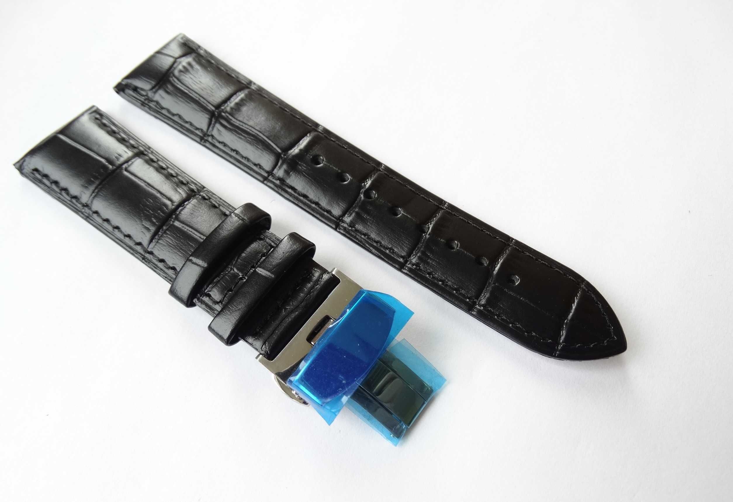 Pasek skórzany do zegarka czarny kroko 20mm 22mm klamra motylkowa