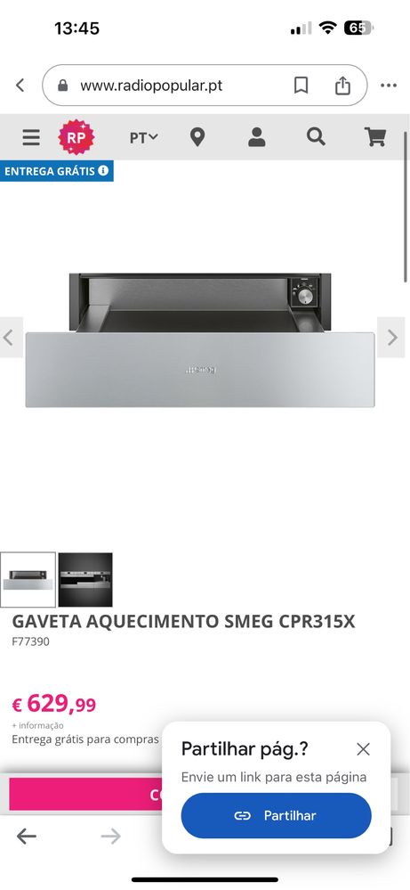 GAVETA AQUECIMENTO SMEG CPR315 ( NOVA)  BRANCA