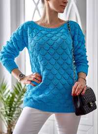 Piękny ażurowy sweter bąbelkowy - kolor turkusowy