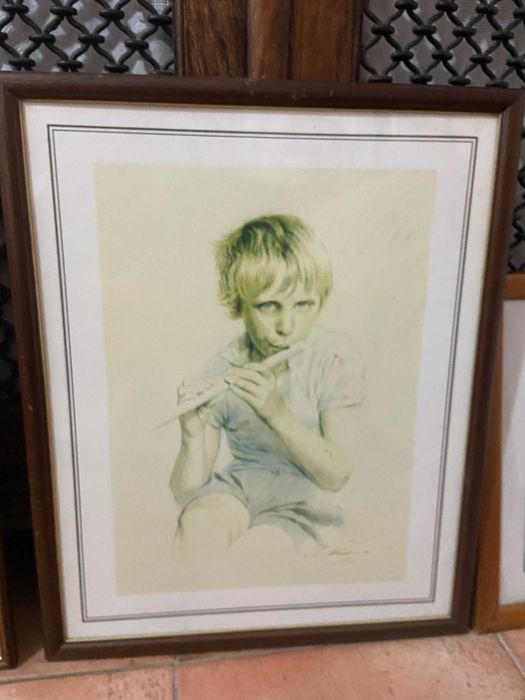 Quadros com ilustração e moldura em madeira.