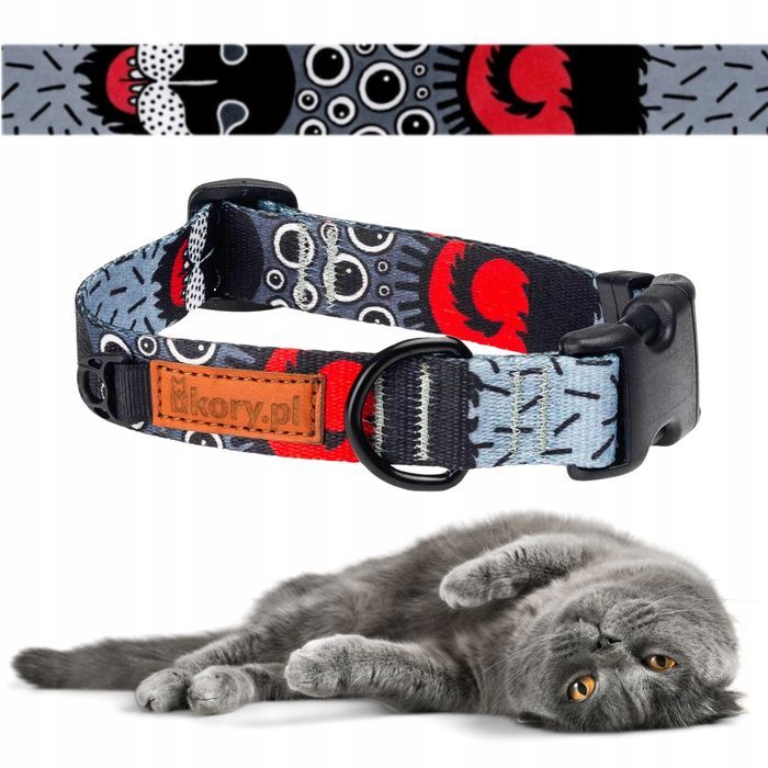 obroża dla wychodzącego kota 34-40cm wytrzymała taśma  czarna potworki