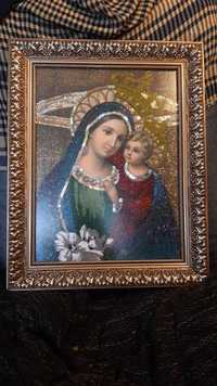 Matka Boska z dzieciątkiem, przepiękny obraz z koralików. 50 x 39cm.