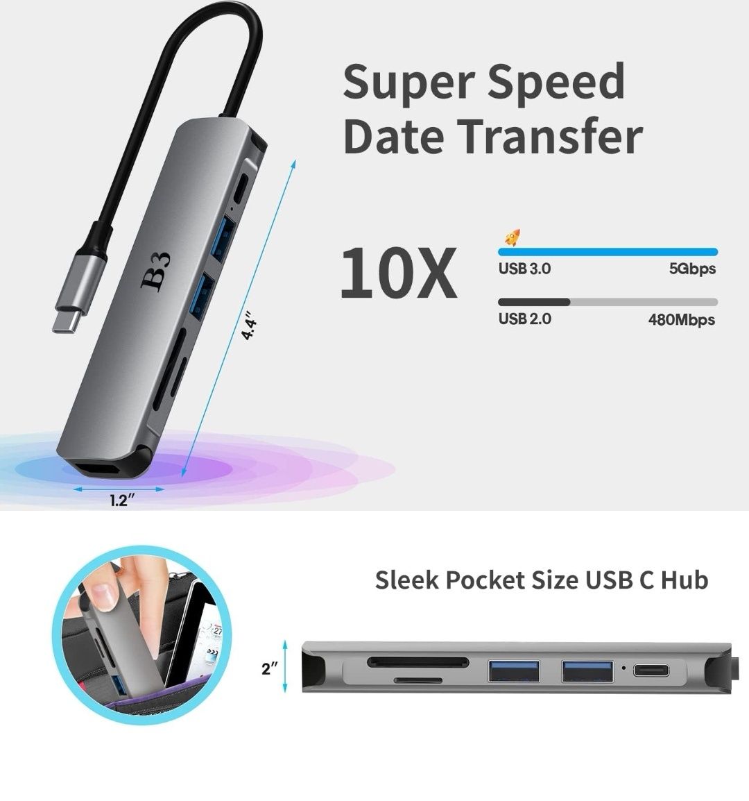 Hub USB C, Adapter Koncentratora USB-C 6 w 1, Przejściówka Multiport