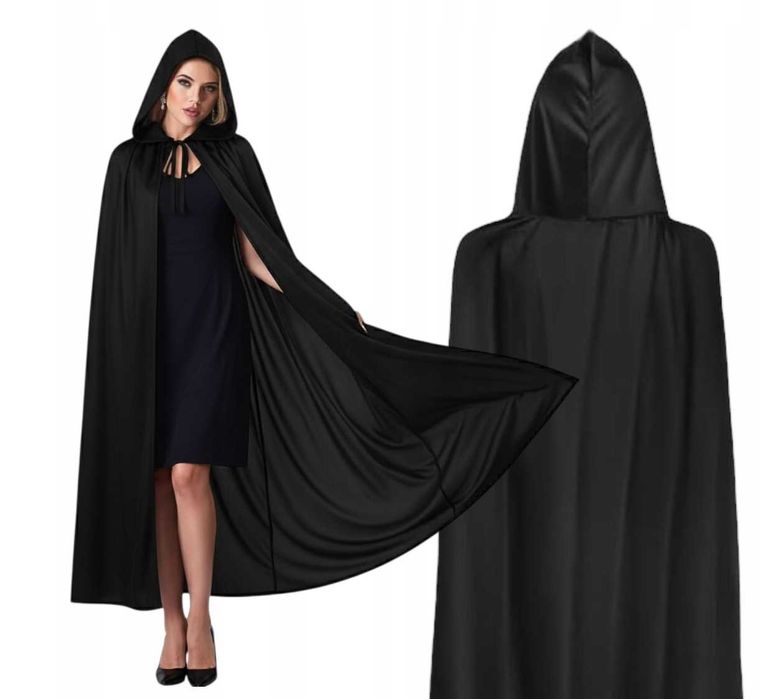 Czarna Peleryna z Kapturem na HALLOWEEN Wampir ZJAWA WIEDŹMA