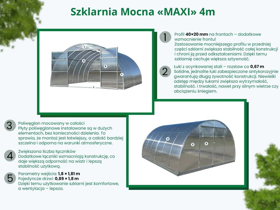 Szklarnia z poliwęglnu 4m Maxi (4x4m, 4x6m, 4x8m, 4x10m,4x12m)