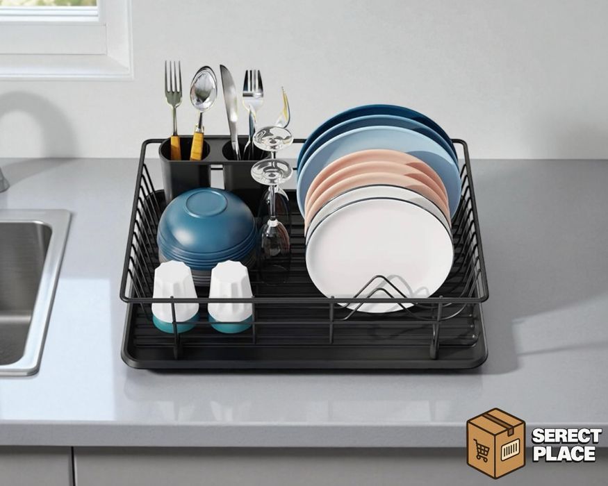 > Ociekacz do naczyń czarny z tacką i uchwytem na sztućce