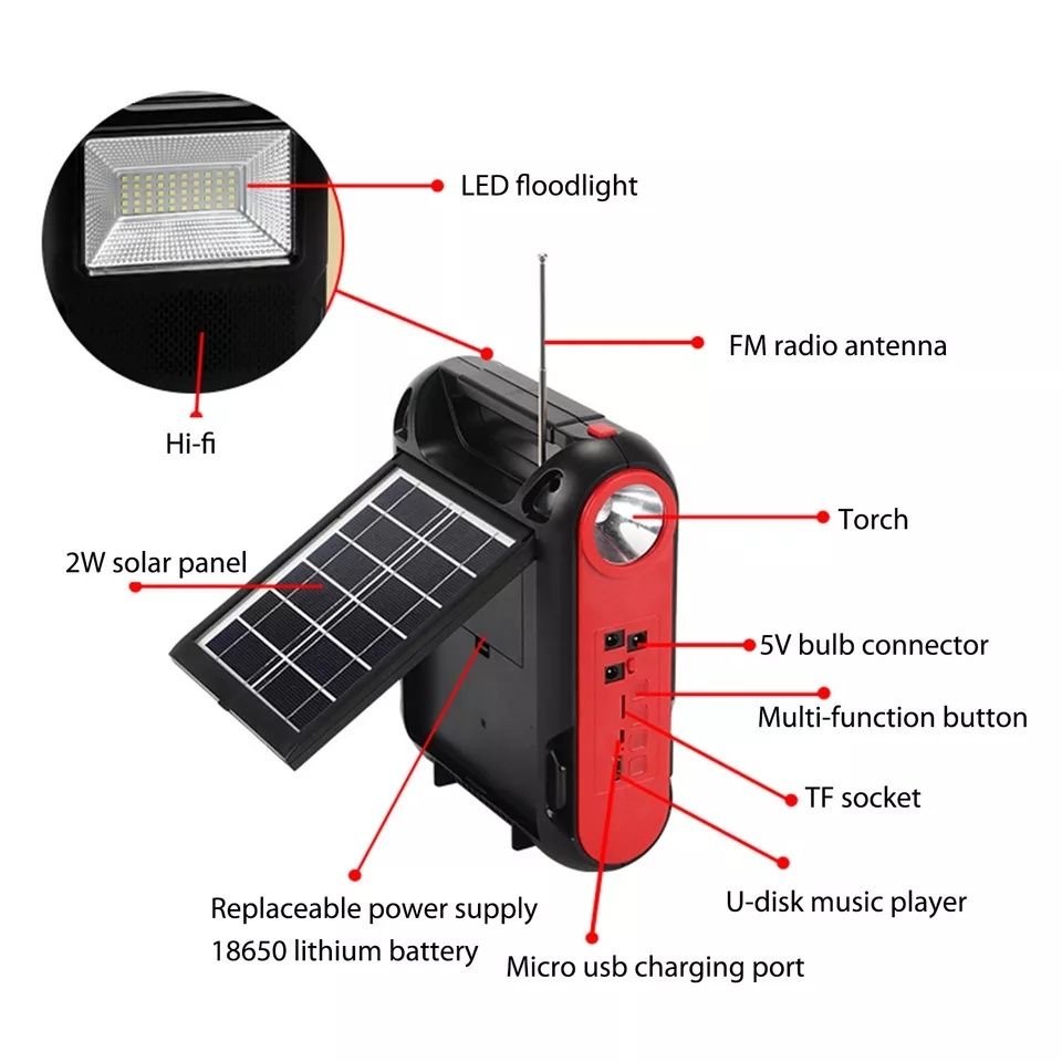 Фонарь, радио, Bluetooth колонка, солнечная панель