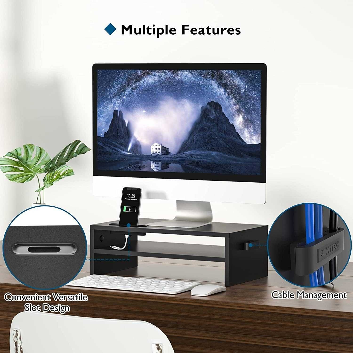 Stojak na monitor czarny mdf półka ergonomiczny uchwyt na smartfon 620