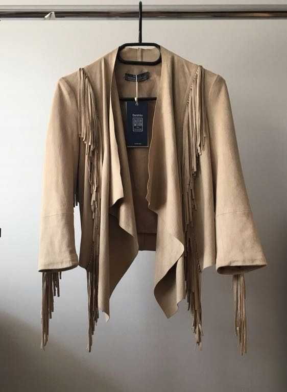 Kurtka Bershka frędzle boho XS / S zamsz