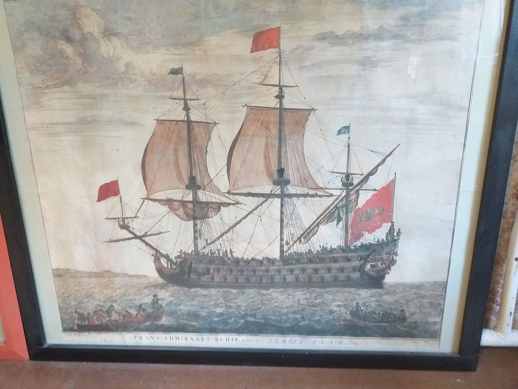 Duży plakat marynistyczny Francuski okręt Admirała.Oprawiony.