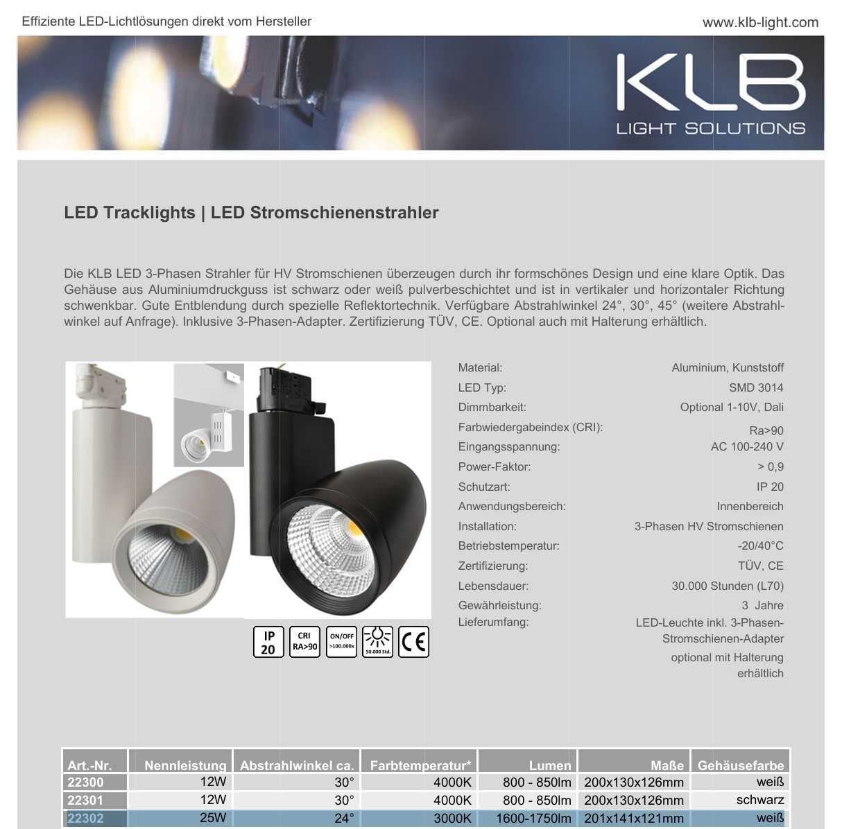 LED reflektor szynowy KLB 22302 | 25W | 24° | 3000K | 1750lm | Biały
